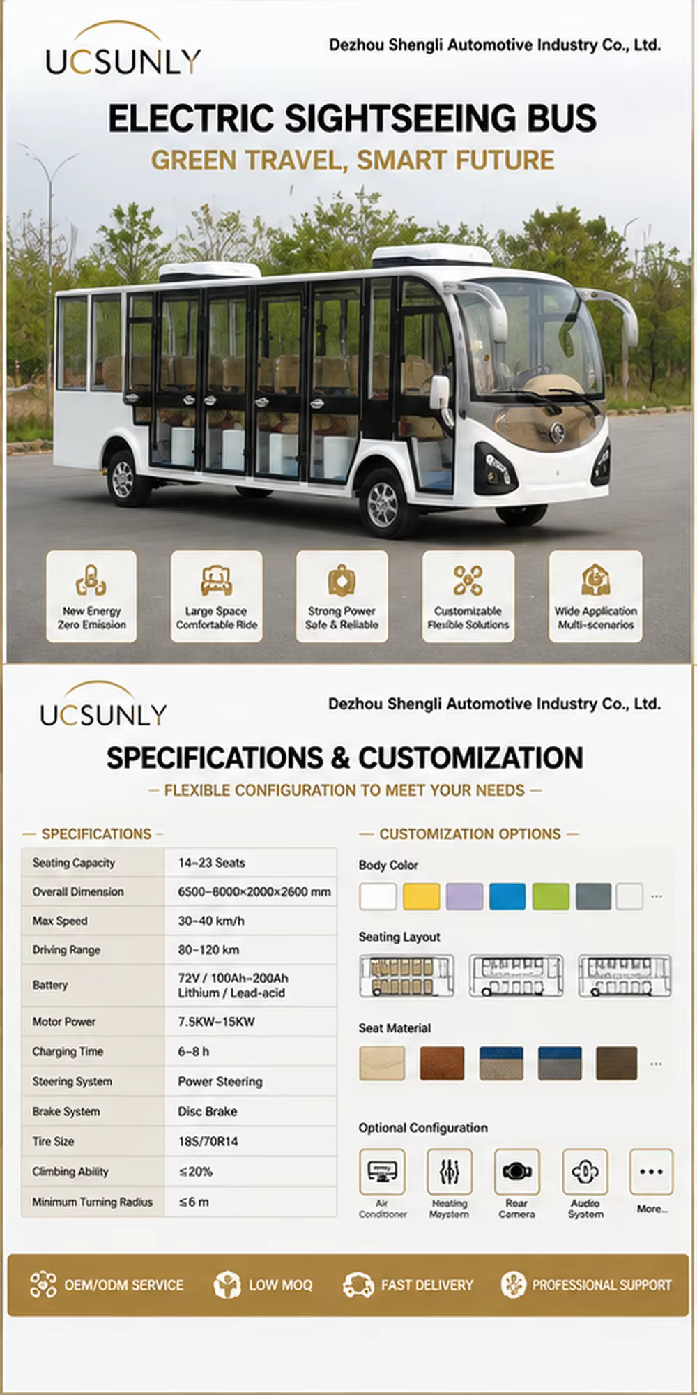 Electric Sightseeing Vehicle 11 Seats Zero Emission Resort Shuttle Bus with Panoramic Windows CE Certified UCSUNLY