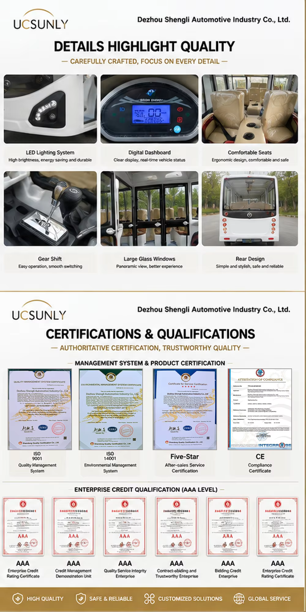 Electric Sightseeing Vehicle 11 Seats Zero Emission Resort Shuttle Bus with Panoramic Windows CE Certified UCSUNLY
